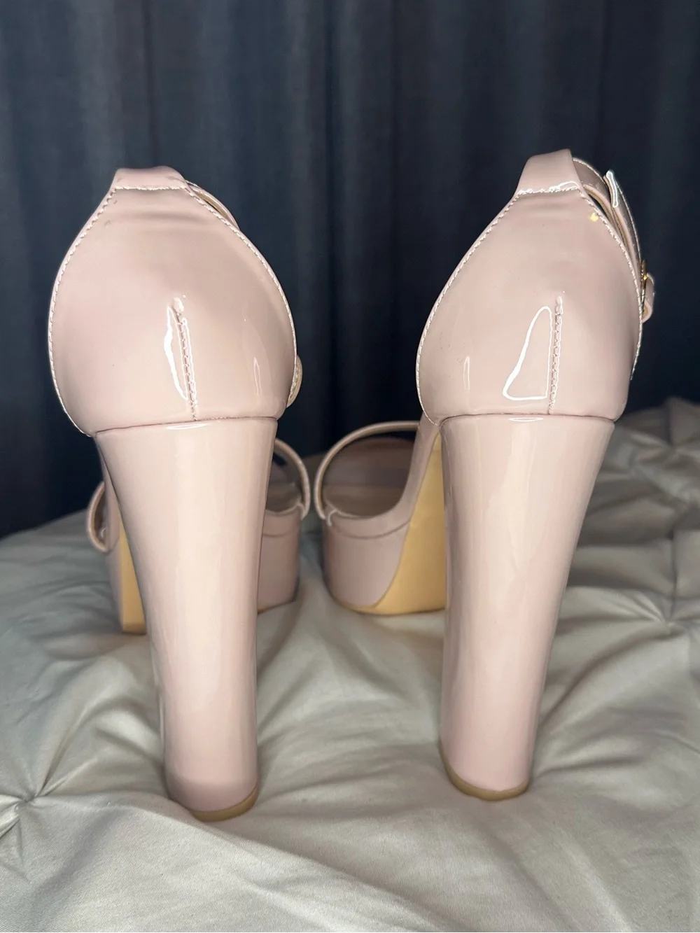 Patent Platform Block Heel Sandals in Blush Pink